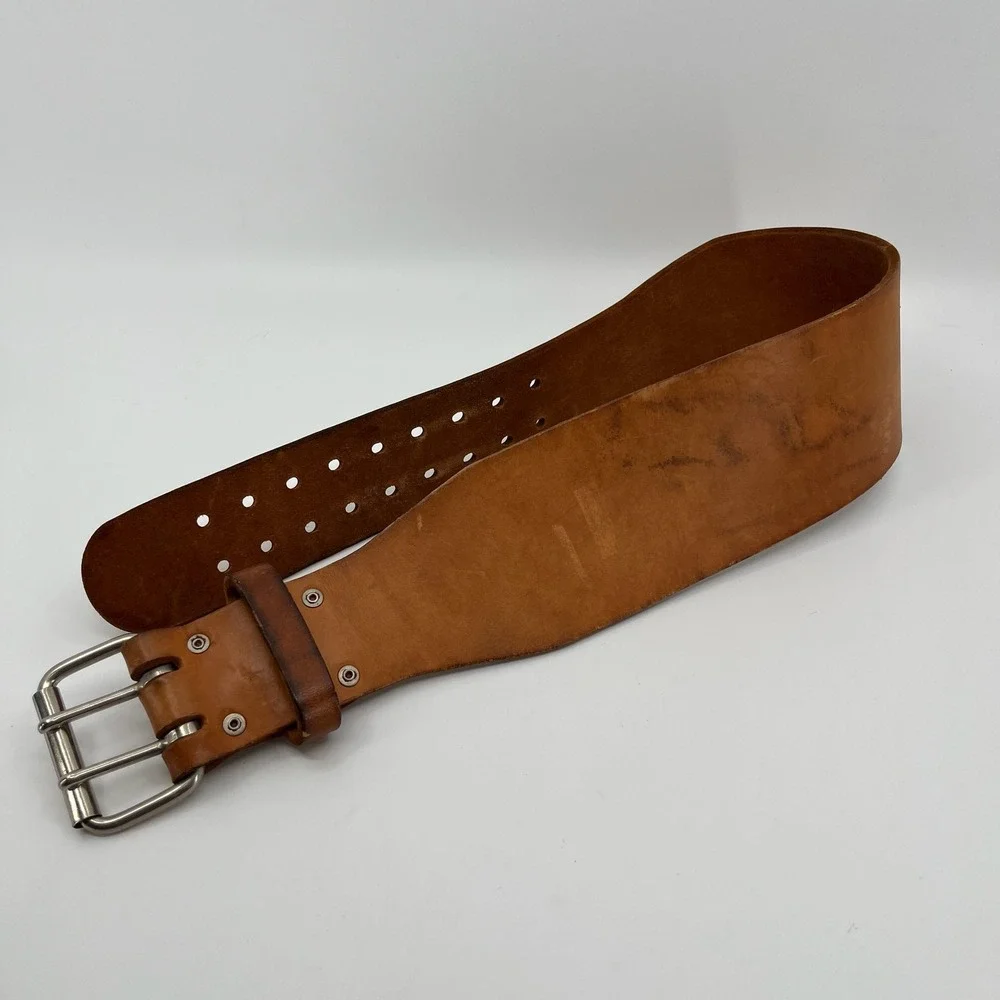 Vtg Leather Weightlifting Belt 32 Double Prong Wide Back Powerlifting Gym 37in